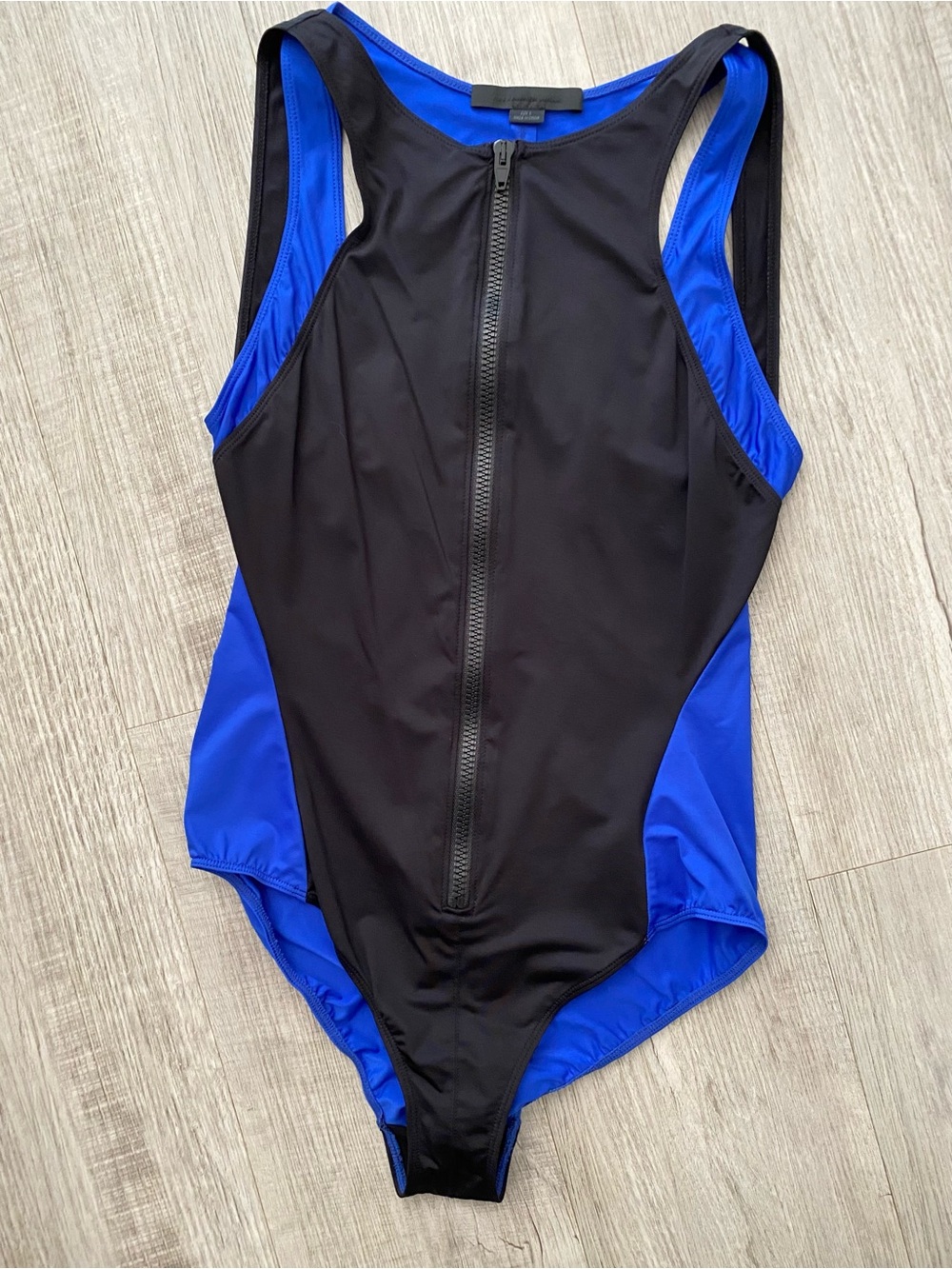 Alexander Wang Blue Black Colorblock Zip-Front One-Piece Swimsuit FLAWS - Sz S